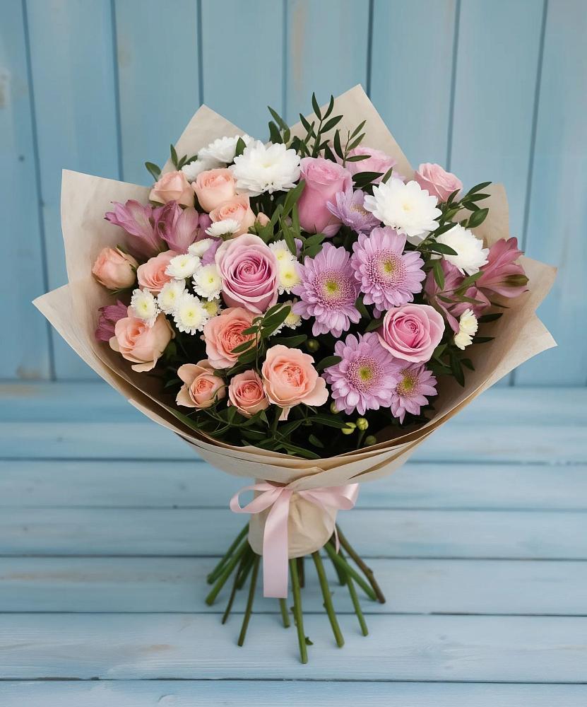 Букет цветов из: Хризантемы, Розы и Альстромерии в Малиновке