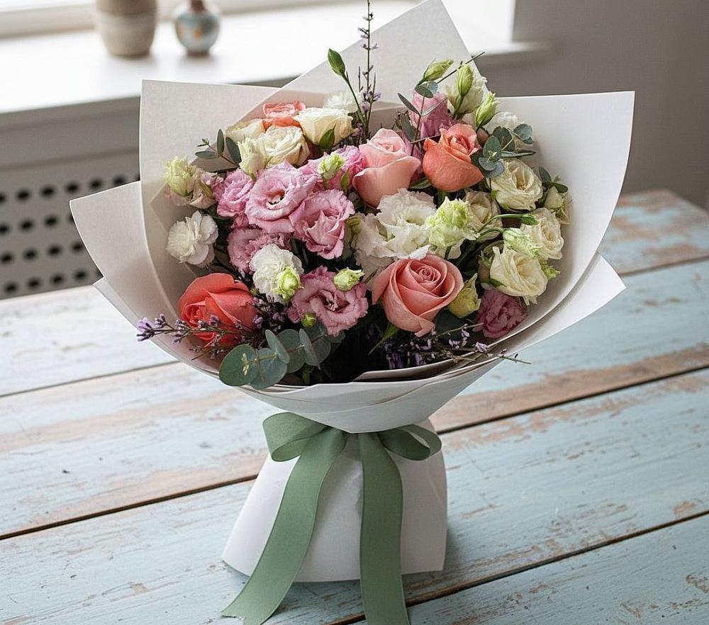 Букет цветов из: Розы, Лизиантусы и Гвоздики в Малиновке