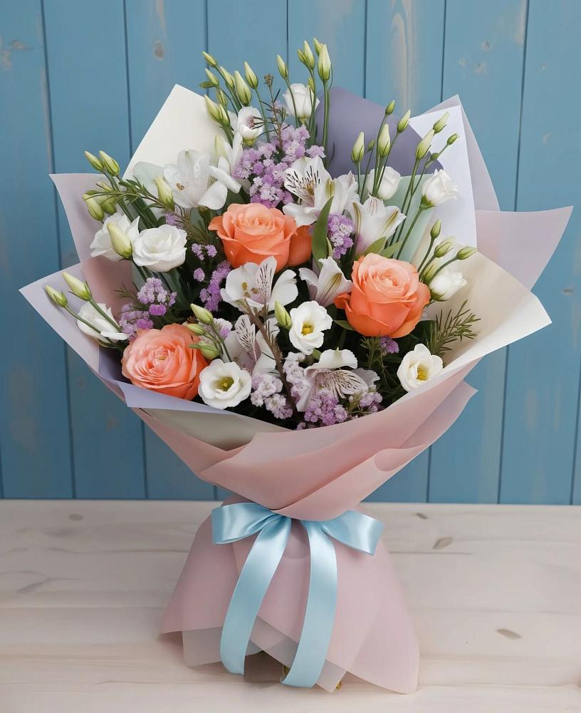 Букет цветов из: Лизиантусы, Розы, Альстромерии и Гипсофила в Малиновке