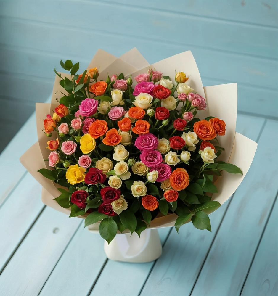 Букет Микс из разноцветных кустовых роз в Малиновке