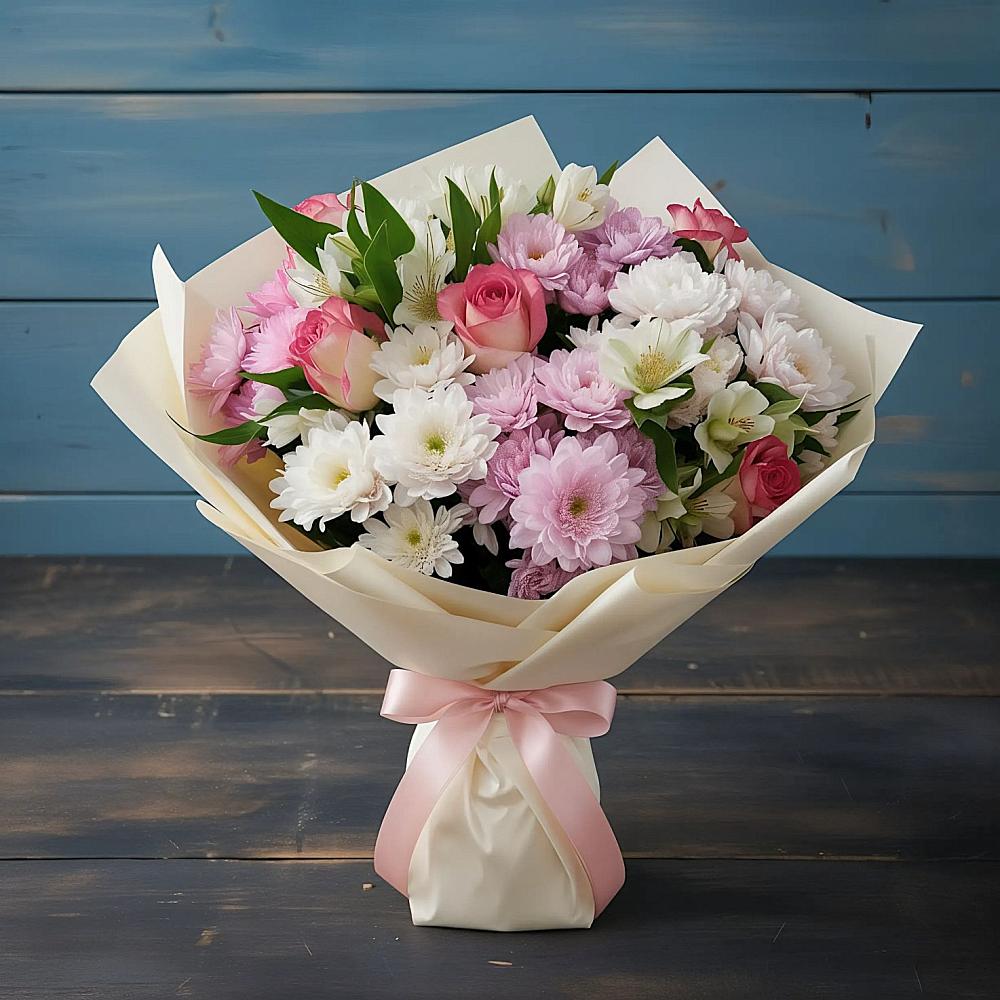 Букет цветов из: Хризантемы, Альстромерии и Розы в Малиновке